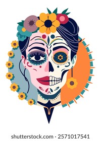 Catrina head. Female sugar skull. Mexican Day of the Dead. Cinco de Mayo. Vector isolated illustration.