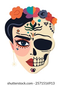 Catrina head. Female sugar skull. Female face on one side and skull jn another. Mexican Day of the Dead. Cinco de Mayo. Vector isolated illustration.