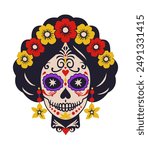 Catrina head. Woman sugar skull. Mexican Day of the Dead. Vector isolated illustration.