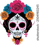 Catrina head. Woman sugar skull. Mexican Day of the Dead. Vector isolated illustration.