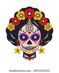 Catrina cabeza. Cráneo de azúcar de mujer. Día de los Muertos de México. Ilustración aislada de Vector.