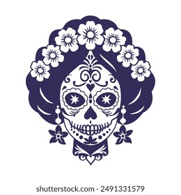 Catrina head. Woman sugar skull. Mexican Day of the Dead. Vector isolated illustration. Blue and white.