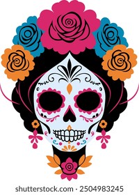 Catrina head. Woman sugar skull. Mexican Day of the Dead. Vector isolated illustration.