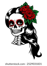 Catrina Kopf. Zuckerschädel einer Frau. Mexikanischer Tag der Toten. Vektorgrafik einzeln.