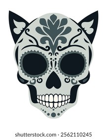 Catrina head. Woman sugar skull with cat ears. Mexican Day of the Dead. Vector isolated illustration.