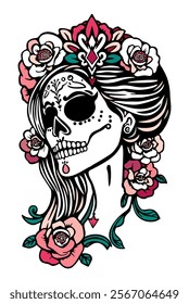 Catrina head. Woman sugar skull. Mexican Day of the Dead. Vector isolated illustration in tattoo style.