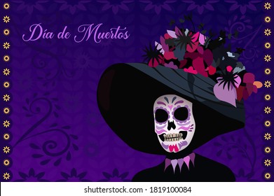 Catrina illustration with text in Spanish: Day of the dead 