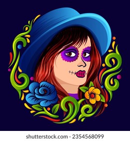 Catrina La Calavera badge, Dia de los muertos woman Sugar skull Vector