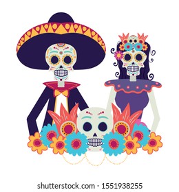 catrina and mariachi couple characters vector illustration design