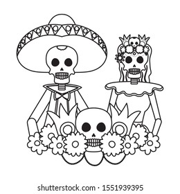 catrina and mariachi couple characters vector illustration design