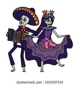 catrina and mariachi playing accordion couple characters vector illustration design