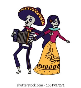 catrina and mariachi playing accordion couple characters vector illustration design