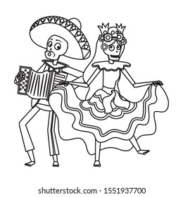 catrina and mariachi playing accordion couple characters vector illustration design