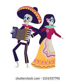 catrina and mariachi playing accordion couple characters vector illustration design