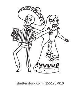 catrina and mariachi playing accordion couple characters vector illustration design