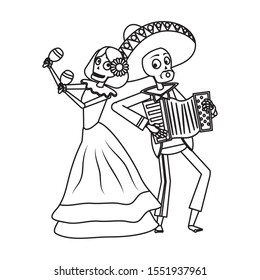 catrina and mariachi playing accordion couple characters vector illustration design