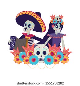 catrina and mariachi playing accordion couple characters vector illustration design