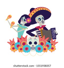 catrina and mariachi playing accordion couple characters vector illustration design