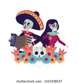 catrina and mariachi playing accordion couple characters vector illustration design