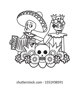 catrina and mariachi playing accordion couple characters vector illustration design