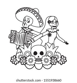 catrina and mariachi playing accordion couple characters vector illustration design