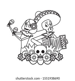 catrina and mariachi playing accordion couple characters vector illustration design