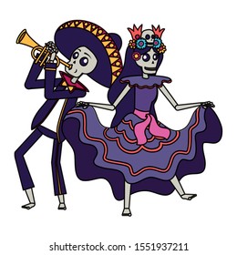 catrina and mariachi playing trumpet characters vector illustration design