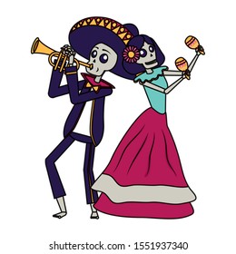 catrina and mariachi playing trumpet characters vector illustration design