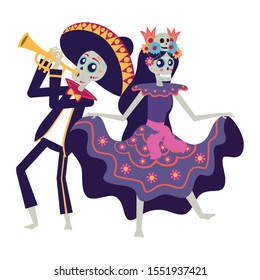 catrina and mariachi playing trumpet characters vector illustration design
