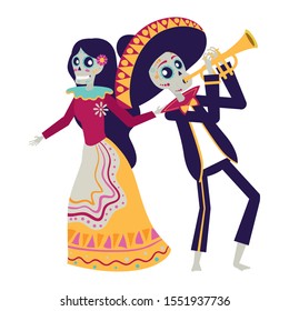 catrina and mariachi playing trumpet characters vector illustration design