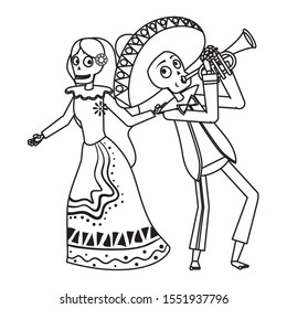 catrina and mariachi playing trumpet characters vector illustration design