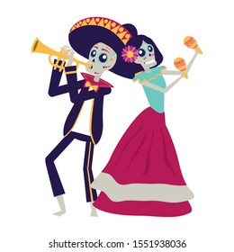 catrina and mariachi playing trumpet characters vector illustration design