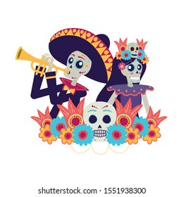 catrina and mariachi playing trumpet characters vector illustration design