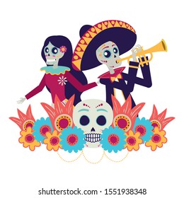 catrina and mariachi playing trumpet characters vector illustration design