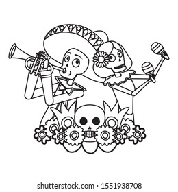 catrina and mariachi playing trumpet characters vector illustration design