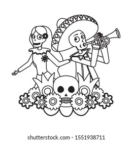 catrina and mariachi playing trumpet characters vector illustration design