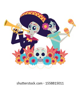 catrina and mariachi playing trumpet characters vector illustration design