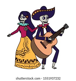 catrina and mariachi skulls dancing and playing guitar vector illustration design