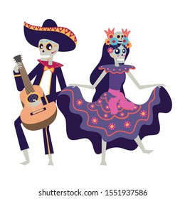 catrina and mariachi skulls dancing and playing guitar vector illustration design