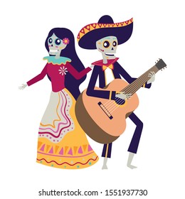 cráneos catrina y mariachi bailando y tocando ilustración vectorial de guitarra