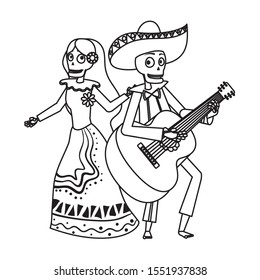catrina and mariachi skulls dancing and playing guitar vector illustration design