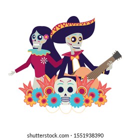 catrina and mariachi skulls dancing and playing guitar vector illustration design