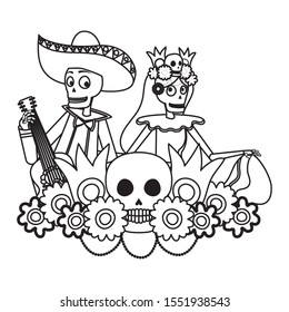 catrina and mariachi skulls dancing and playing guitar vector illustration design