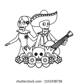 catrina and mariachi skulls dancing and playing guitar vector illustration design