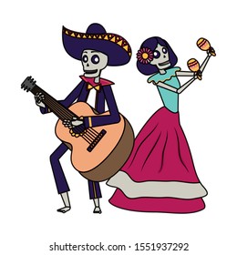 catrina and mariachi skulls playing maracas and guitar vector illustration design