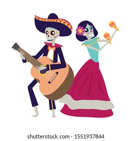catrina and mariachi skulls playing maracas and guitar vector illustration design
