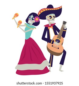 catrina and mariachi skulls playing maracas and guitar vector illustration design