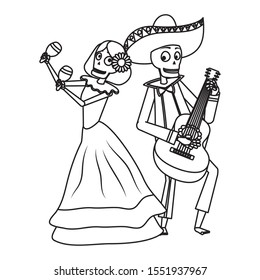 catrina and mariachi skulls playing maracas and guitar vector illustration design