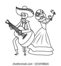 catrina and mariachi skulls playing maracas and guitar vector illustration design