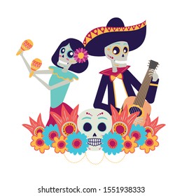 catrina and mariachi skulls playing maracas and guitar vector illustration design